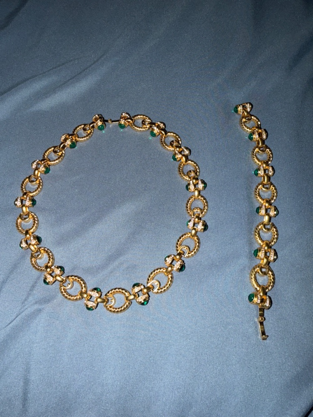Gold Chain Necklace & Bracelet Set w/Green Cabochon Accent Stones